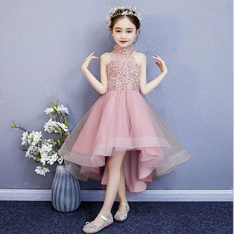 Girls' Host Children's Fashionable Evening Flower Girl Piano Performance Short Front Long Back Princess Dress
