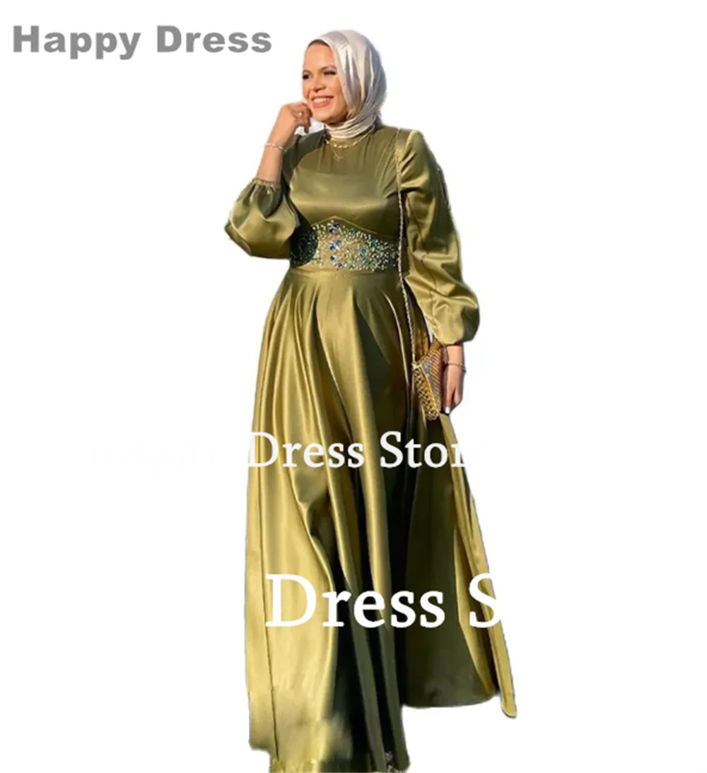 Happy Dress 2024 Arab Muslim Wedding Party Dress Classic High Neck Long Sleeves Satin Waist Beads A-Line Formal Evening Dress