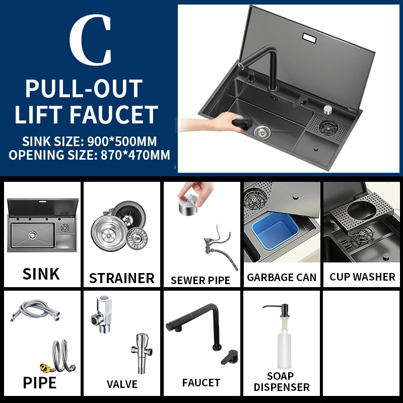 Wastafel cangkir tersembunyi, cangkir tersembunyi cuci dengan penutup dapur 304 wastafel stainless steel multifungsi besar wastafel tunggal