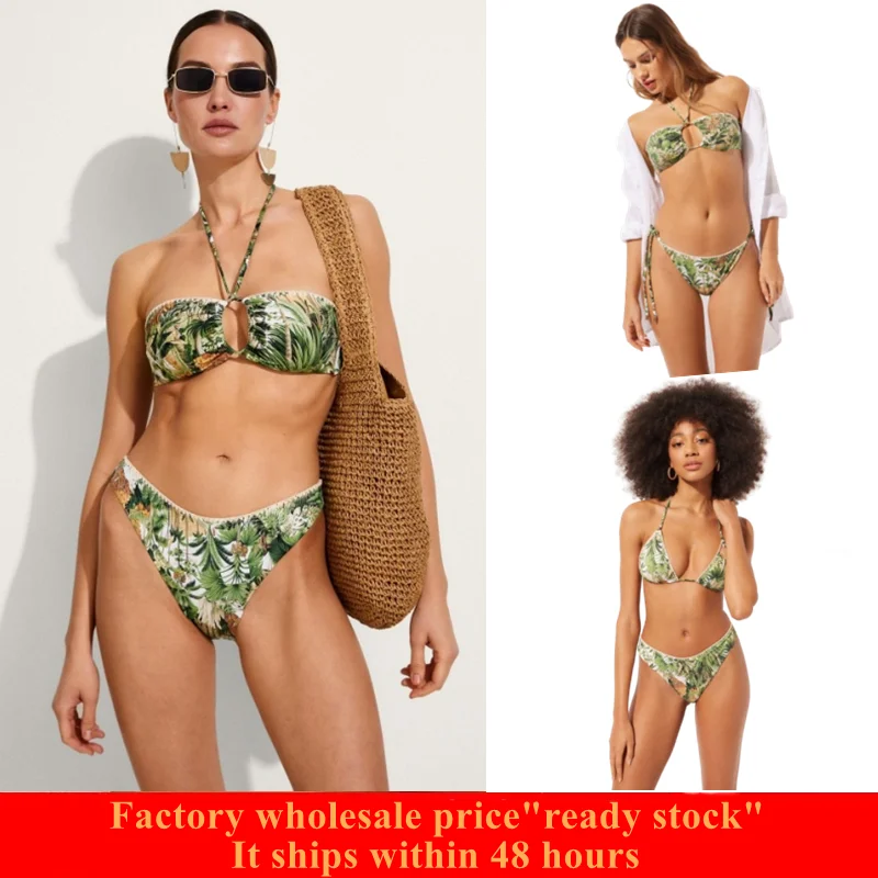 

2025 Jungle Print Women's Bandeau Triangle Bikini Set Halter Neck Tie Back High Waist Two-piece Bikini Swimsuit