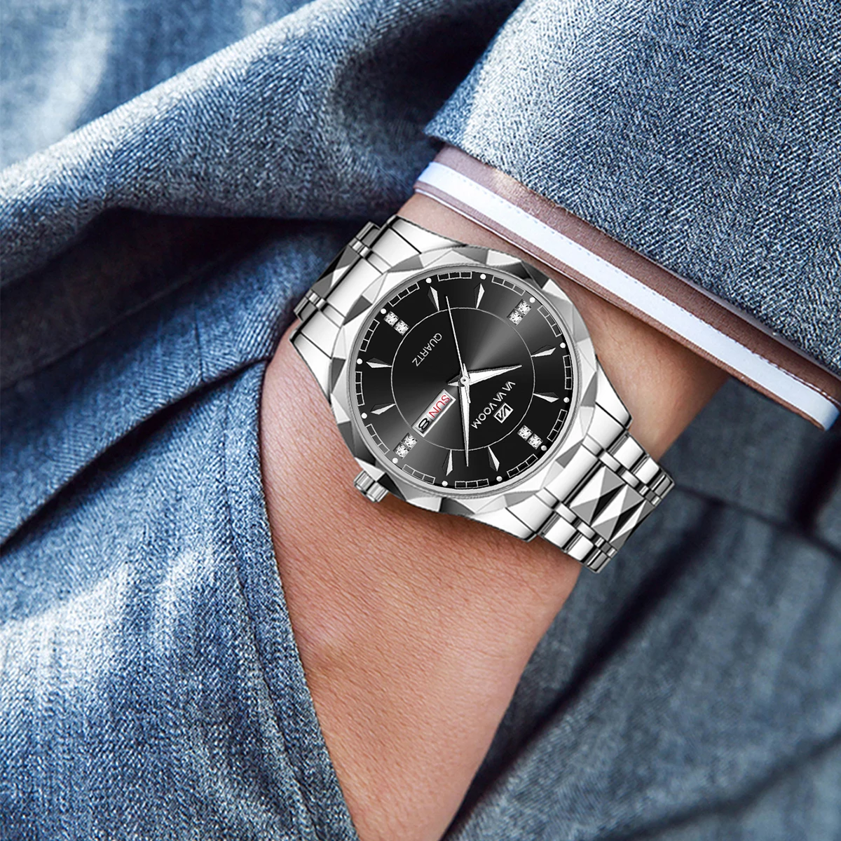 VA VA VOOM hommes montre en acier inoxydable classique noir strass luxe horloge d'affaires 3Bar semaine mouvement sport montre-bracelet à Quartz