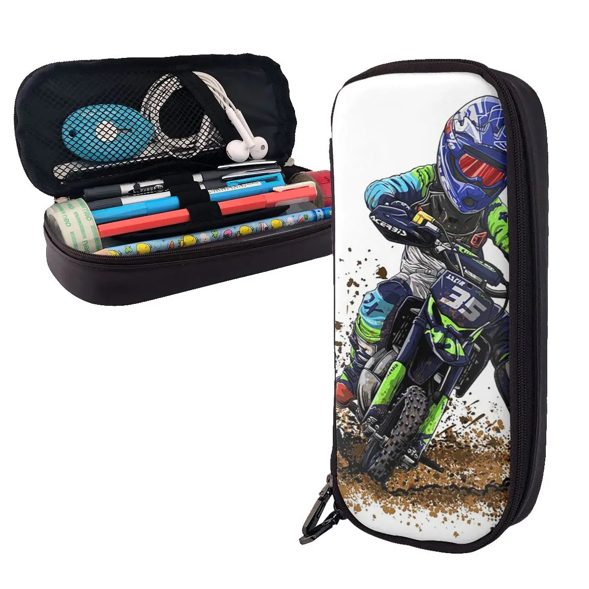 Motocross Dirt Bike Studios MX Rider 35 Leather Pencil Cases Pen Holder Stationery Supplies Pen Box Pencil Bag for Studen School