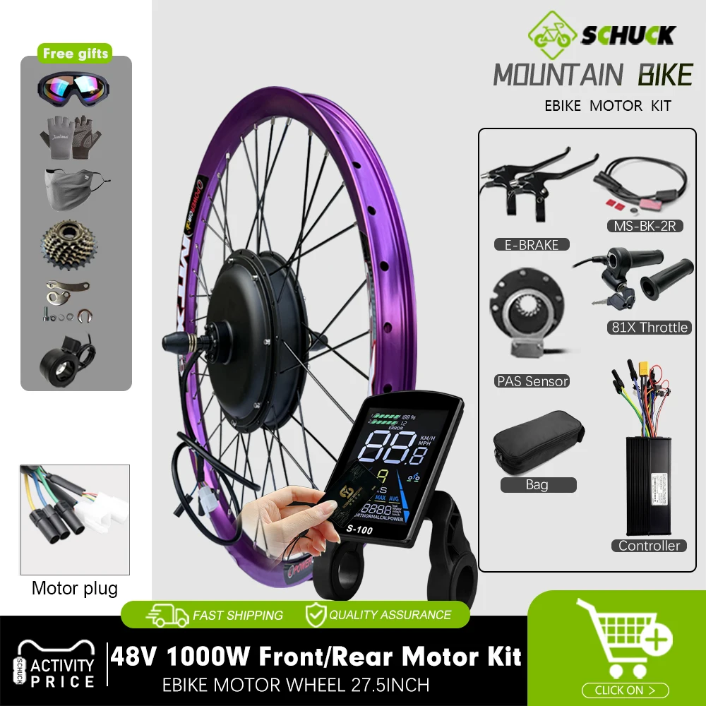 Electric Bike Conversion Kit 48V 1000W MTX39 Front/Rear Brushless Non-gear Hub Motor Wheel For E-bike Hub Motor Kit 27.5inch