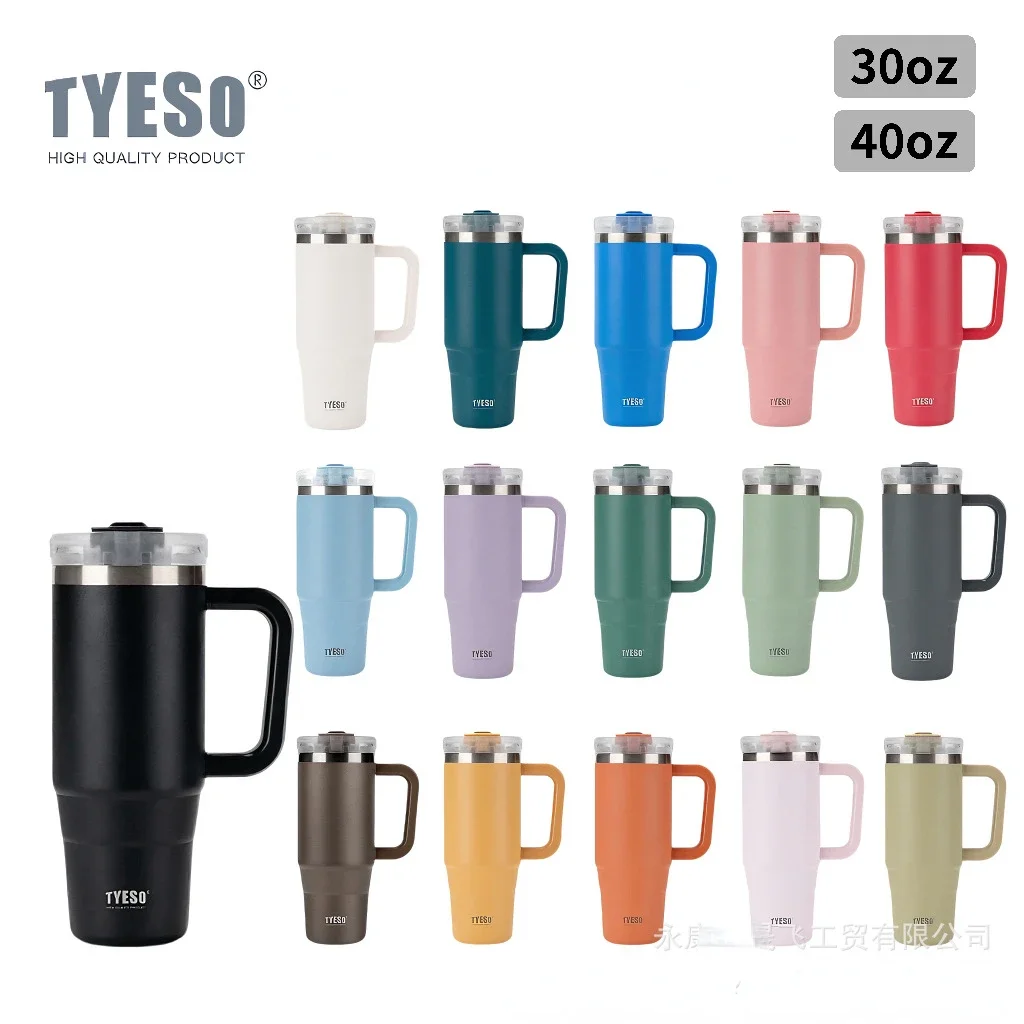 40oz Stainless Steel Insulated Water Bottle Thermos Coffee Mug Cup Thermal Car Cup Cold Hot Mugs Vacuum Flask with Handle Straw