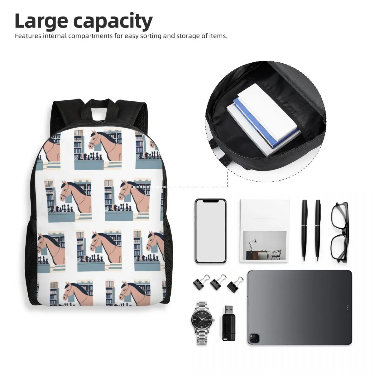 Chess & Horse Backpack Student Boys Girls BookBag School Bag Computer Shoulder Bags
