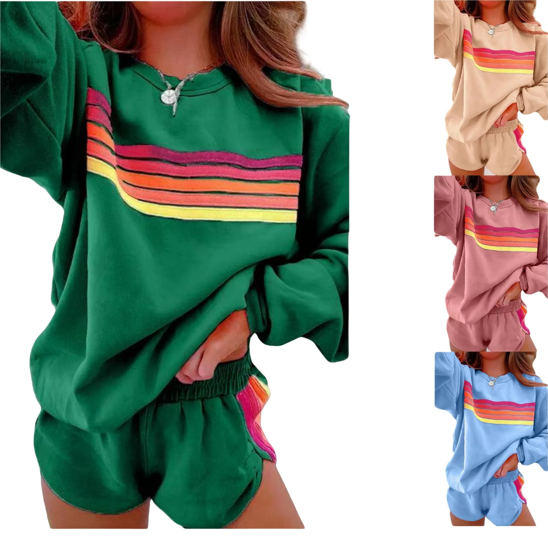 Rainbow Color Block Casual Suit Women's Independent Station Cross-Border New Style Leisure Set Stripe Pattern Long Sleeve Swe
