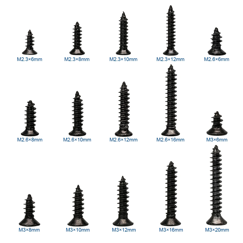 450/1200pcs Cross Flat Head Tapping Screws Kit M1.2 M1.4 M1.5 M1.7 M2 M2.3 M2.6 M3 Carbon Steel Black Phillips Screws Set
