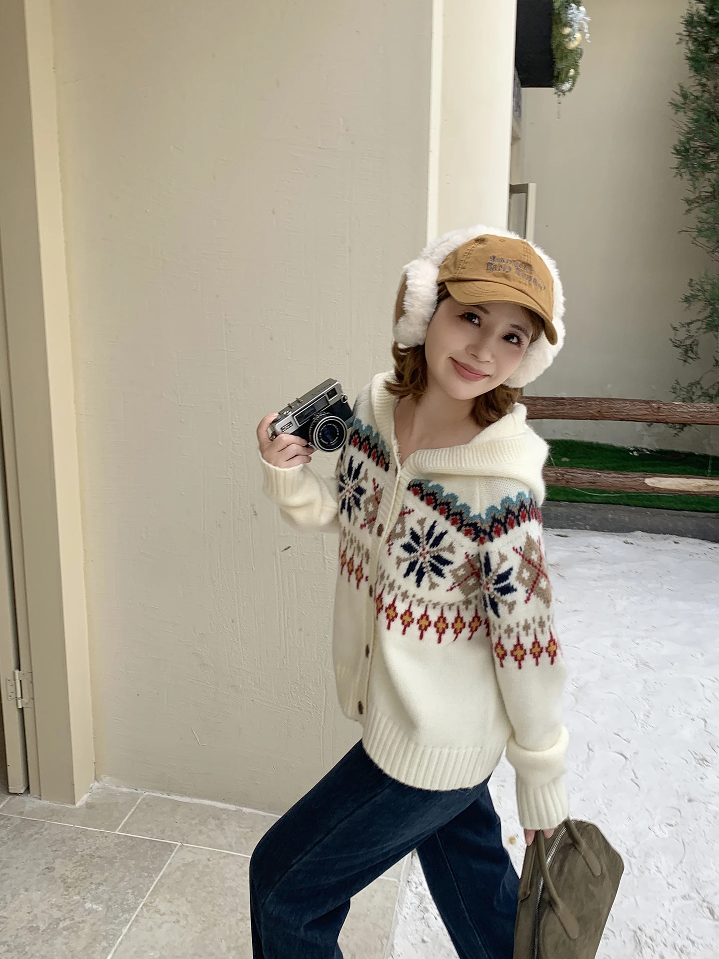 

ELINSU Women's Thiened Knitted Hat Sweater Vintage Loose Fit Cardigan Warm Diamond Pattern Commute Sle Autumn Winter Wear