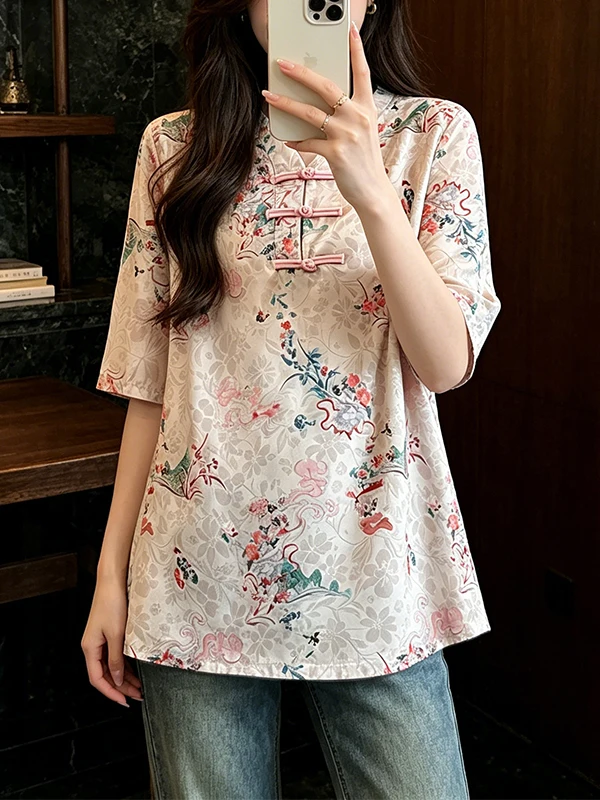 

plus Size Floral Print Shirt V-Neck Button up Slimming New Chinese Style Retro Fashionable Women's Top Summer 2026