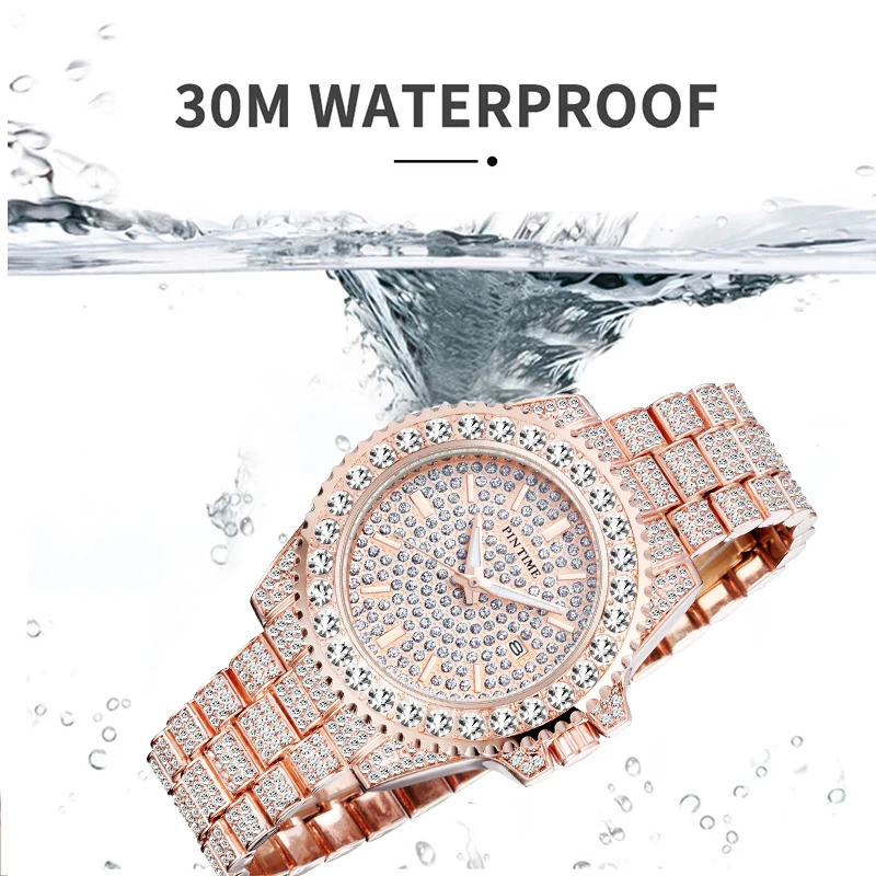 PINTIME Relogio Masculino Luxury Business Waterproof Out Diamond Watch For Men Steel Strap Casual Quartz Watch Gift Popular Item