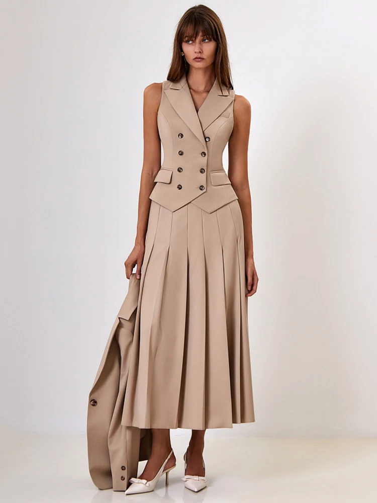 Fantoye Notched Collar Pleated Two Piece Set Women Blazer Suit Single Breasted Vest High Slit Skirt Autumn New Elegant Skirt Set