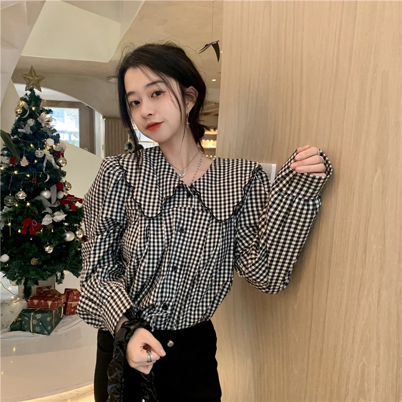 Shirts Women Fashion New All Match Plaid Design French Style Peter Pan Collar Vintage Casual Spring Ladies Clothes Cozy Pretty