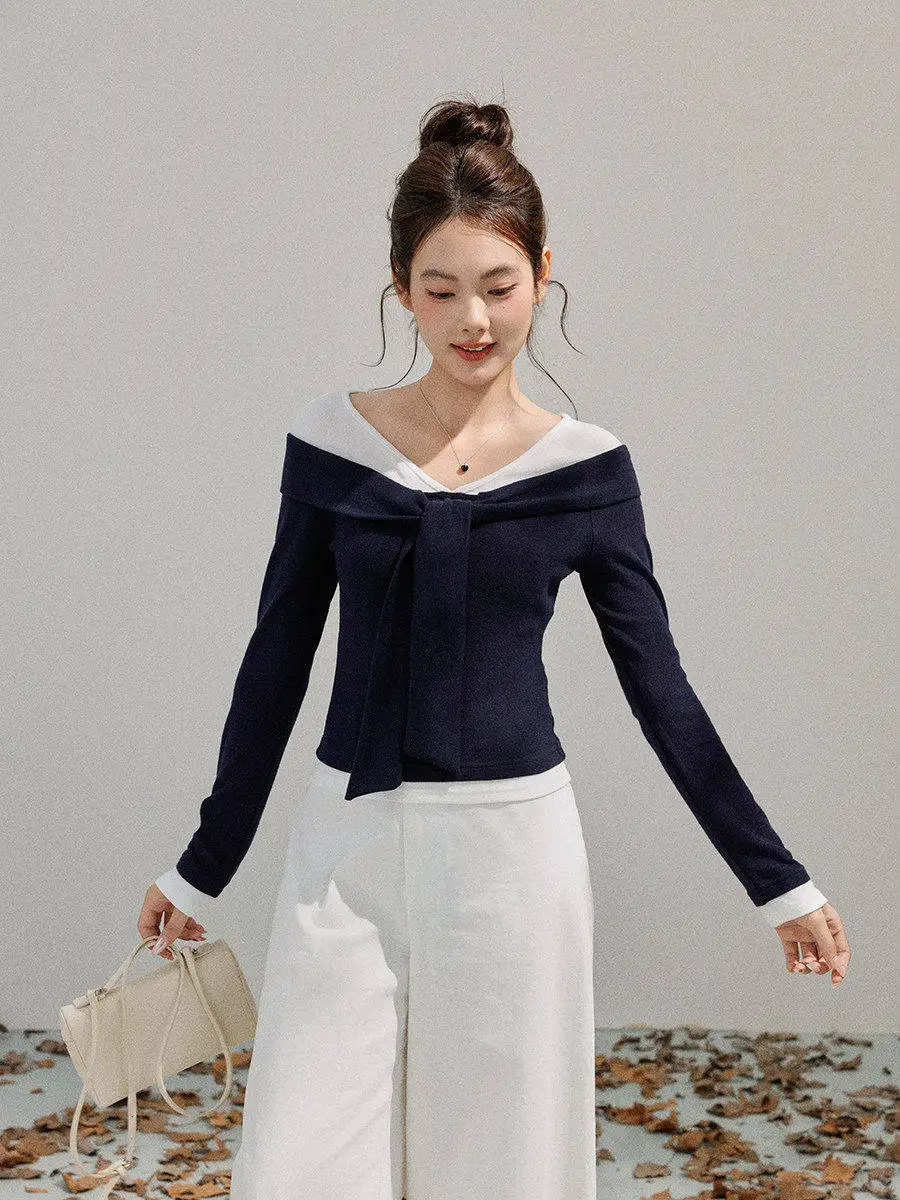 

Linyunyun Sweet Sle V-Ne T-irt Women's Slim Fit Long Sve Top Fake Two-Piece Design Knitted Casual Faion