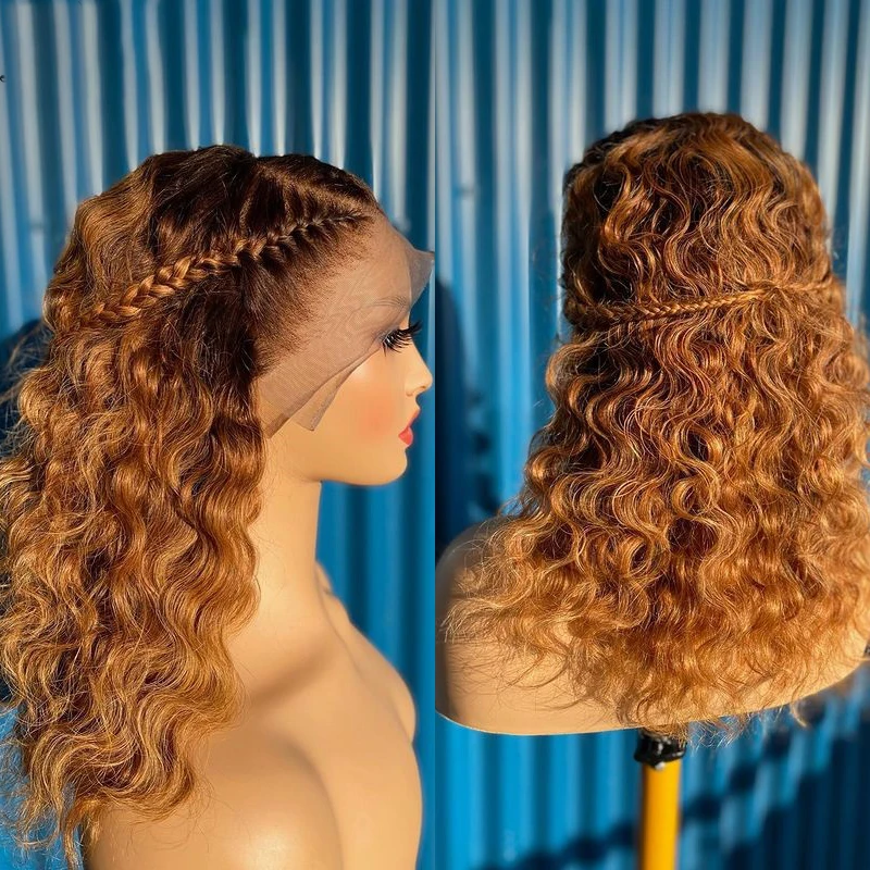 Soft Preplucked 26Inch 180%Density Ombre Honey Blonde Kinky Curly Lace Front Wig With BabyHair Synthetic Heat Temperature Daily