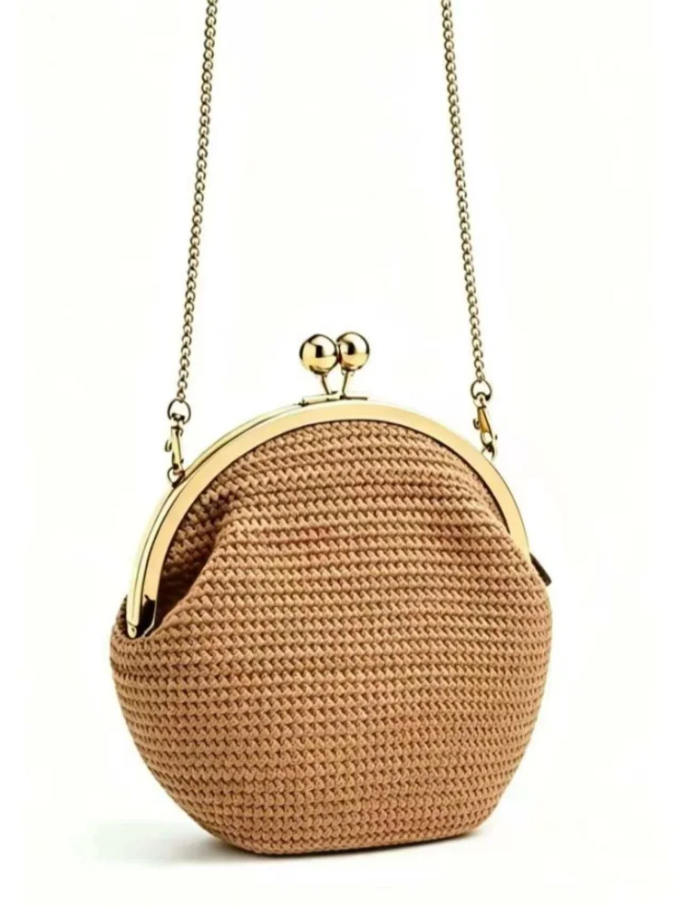Women's Kiss Lock Straw Woven Crossbody Bag Trendy Lock Frame Elegant Leather Shell Shoulder Bag Small Commute Work Handbag