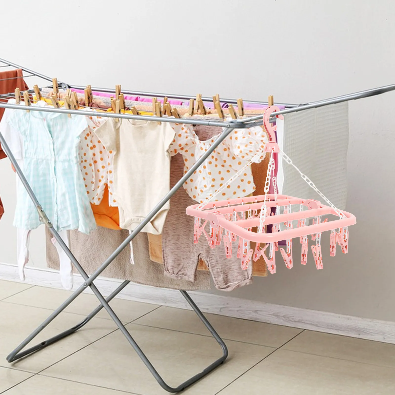 2Pcs Clothes Drying Rack Foldable Multi Clip Hanger 32 Clips Socks Underwear Laundry Drying Racks Clothes Clip