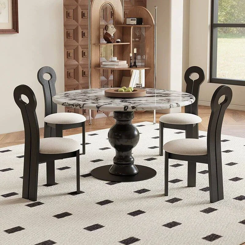 French Cream-Style Marble Dining Table—featuring a stone tabletop that exudes elegance, perfect for the dining room of a villa.