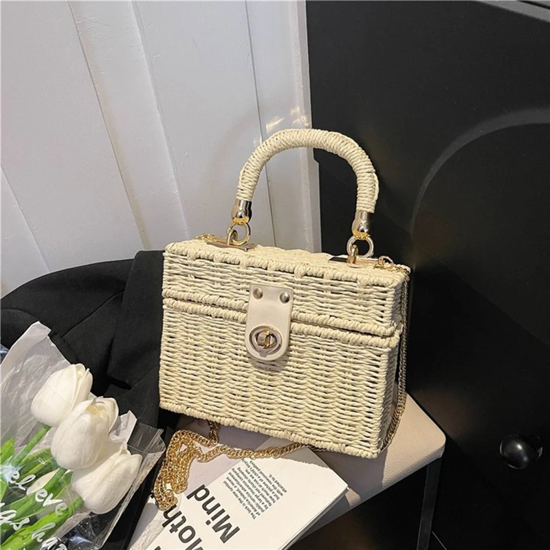 Bolsa de palha de verão artesanal feminina caixa de rattan ombro viagem férias praia bolsa quadrada de alta qualidade