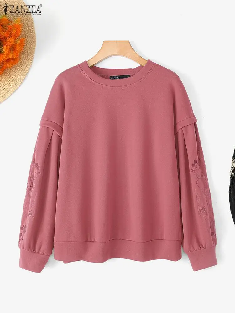 ZANZEA Autumn Sweatshirts Women Long Sleeve Embroidery Pullovers Casual Solid O-Neck Fashion Sweatshirt 2025 Winter Outerwear
