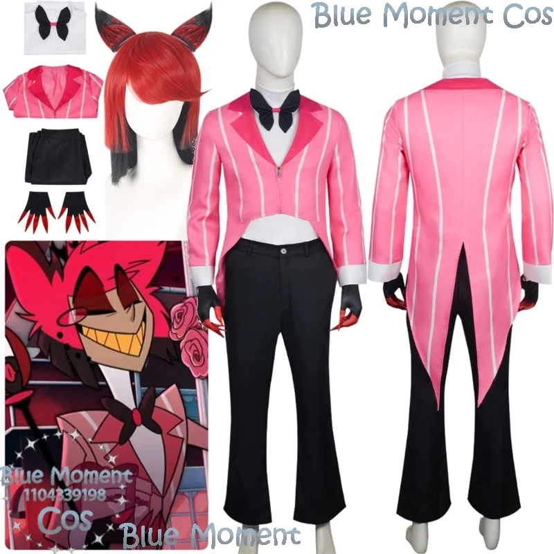 

Alastor Mr. Radio Demon Аниме Хоссбин Второй сезон Косплей Костюм отеля Розовое пальто Мужской костюм Красный парик Хэллоуин Фестиваль событие