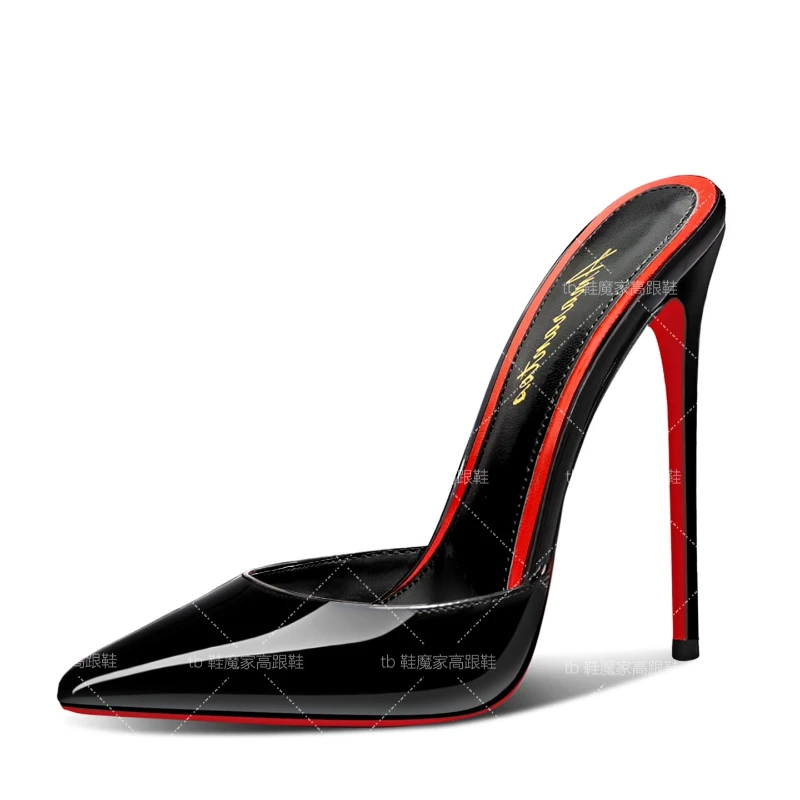 

12cm sexy black pointed red soled high-heeled shoes for women, 2025 new model, slim heel,half toe,half slippers for outdoor wear