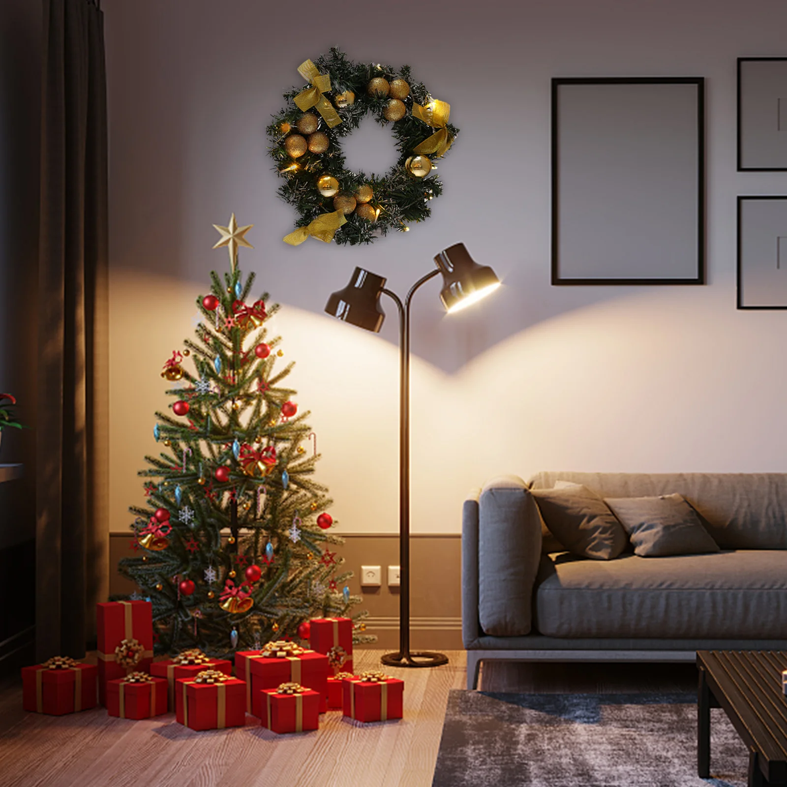

Decoration with Lamp Wreath Perfect Workmanship Christmas Front Door Ornament Light Red Bow Pvc Garland Wall