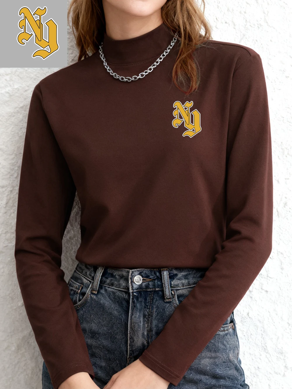 

New York Letter Ny Prints T-Shirt Women Winter Fleece Tops Half Turtleneck Slim Fit Warm Bottoming Shirt Fashion Woman Clothes