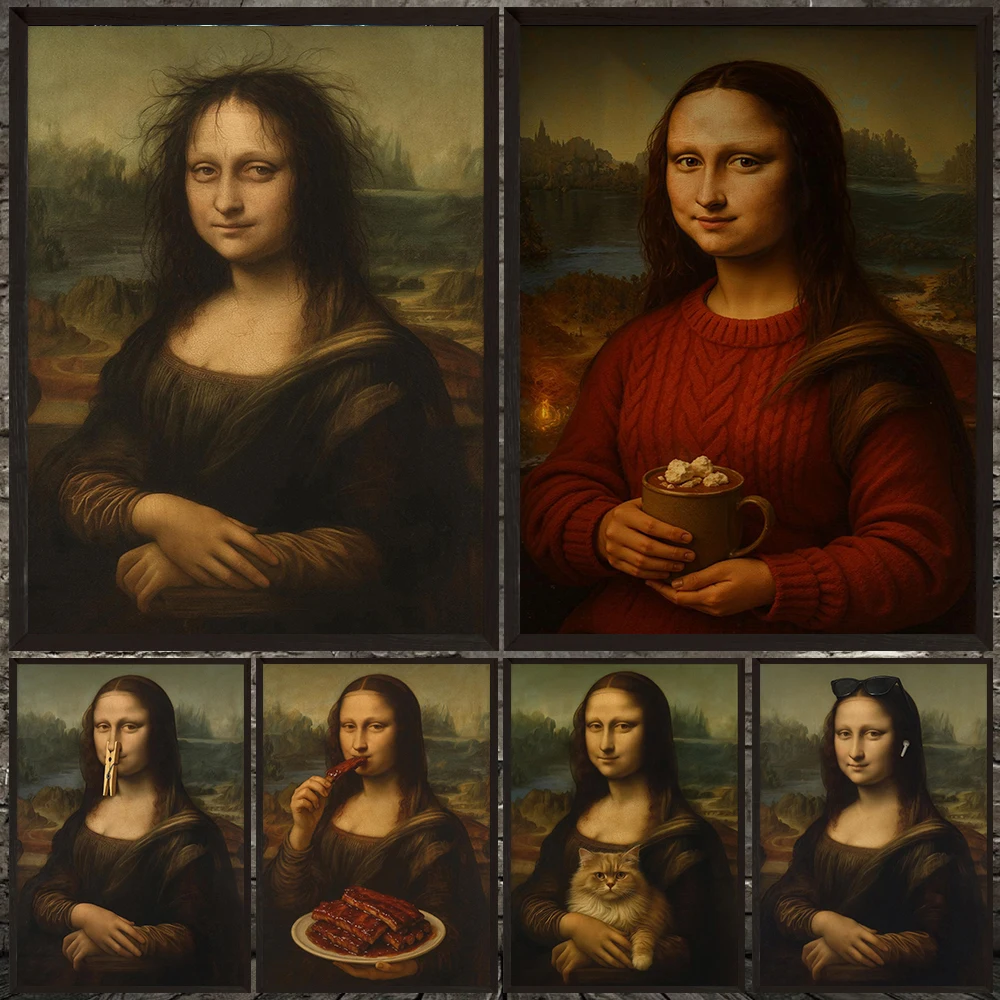 

Funny Mona Lisa Wall Art,Humorous Parody Canvas Painting,Funny World Famous Paintings Gothic Art Poster Print Home Decor