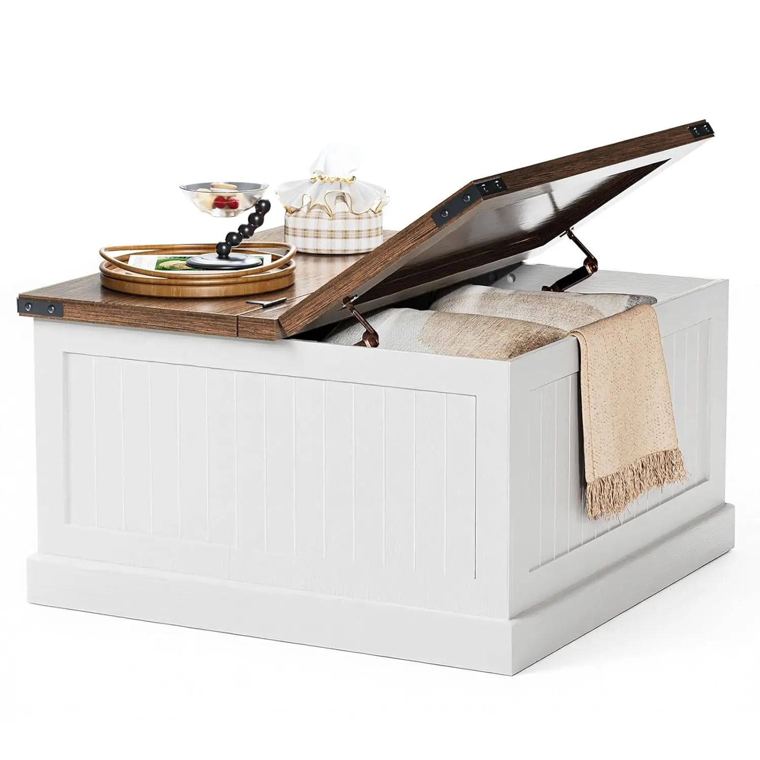 

Square Wood Coffee Table Storage Flip-Top Living Room 31.5in White Rustic Brown Customized