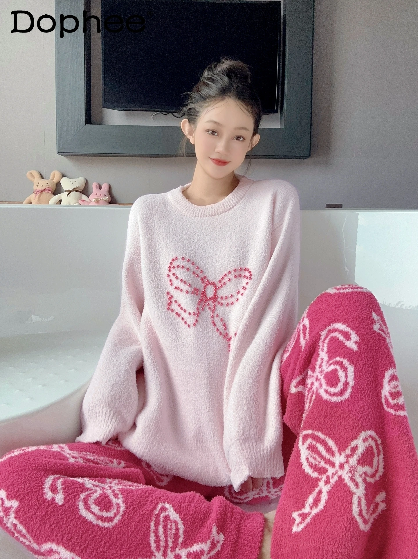 

Корейская версия INS, пижамы с круглым вырезом и бантом, осень-зима, новый плюшевый флисовый теплый утолщенный комплект домашней одежды для женщин