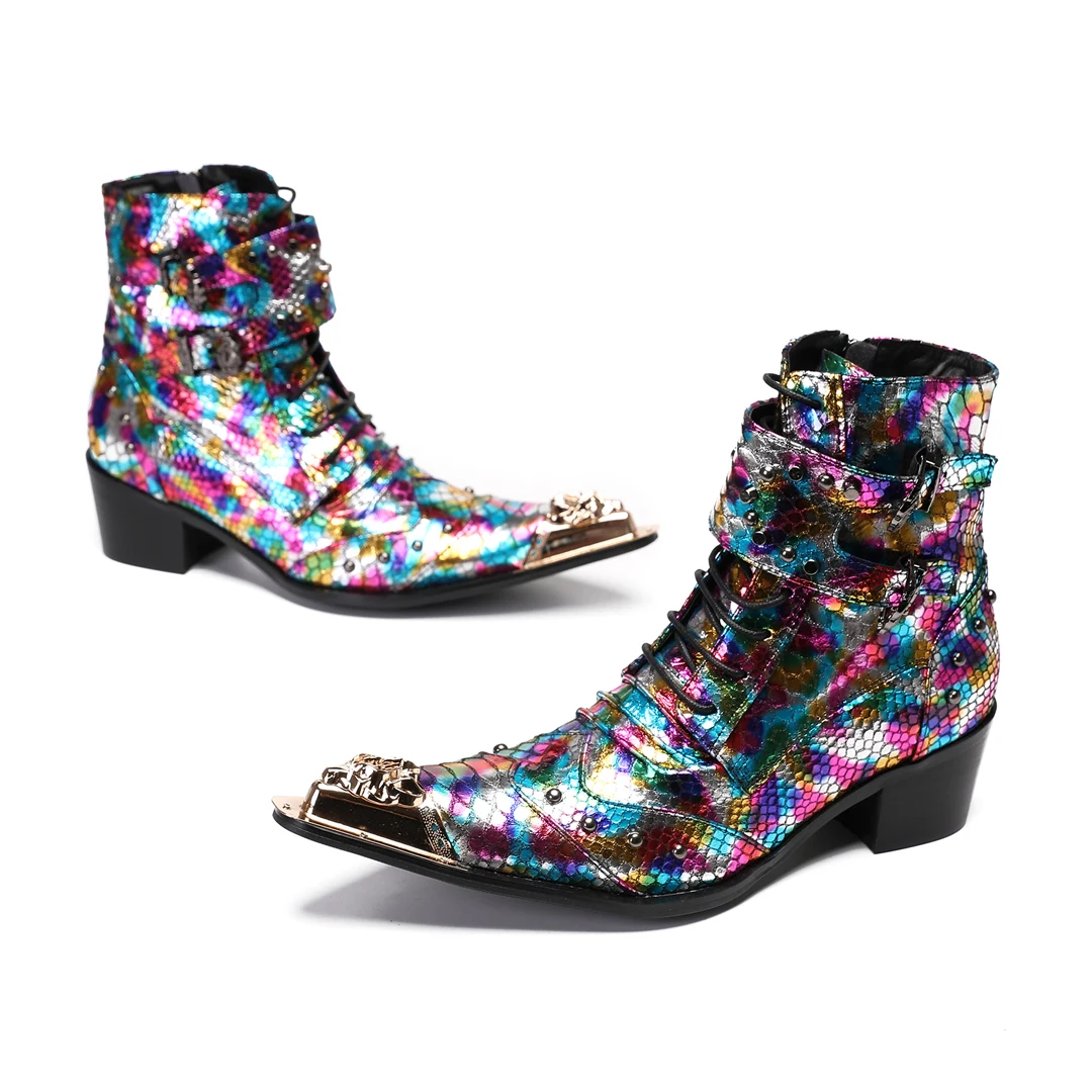 Fashion Colorful Print Metal Pointed Toe Party Dress Boots for Men Large Size Lace Up Cowboy Motorcycle Ankle Boots Club Shoes