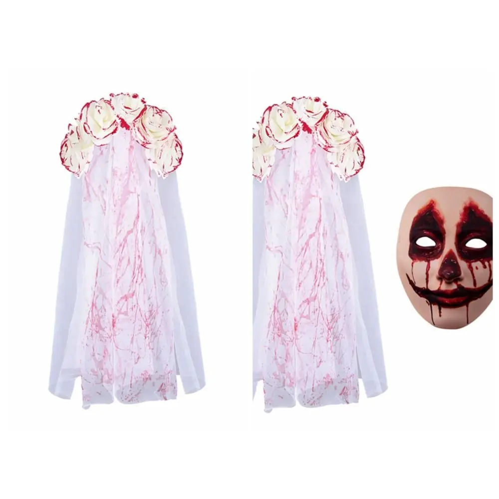 Rose Flower Halloween copricapo da sposa Mesh Blood Women Hair Hoop Costume Cosplay Ghost Bride Halloween Hairband Mask Set Girls