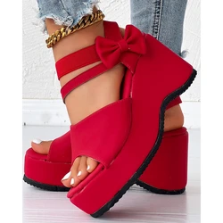 Women Peep Toe Bowknot Decor Platform Slingback Wedge Sandals Summer Daily Casual Suede Sandals 2024 Korean Style Spring Autumn