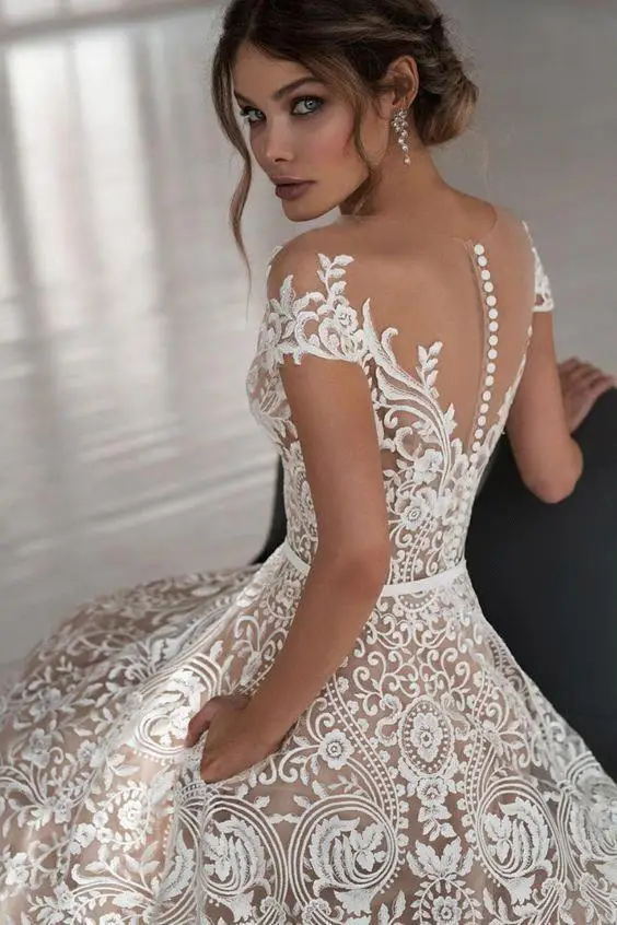 

MisShow Customized Sweetheart Lace Wedding Dresses with Nude Underlay & Button Back - Handmade Bridal Gowns
