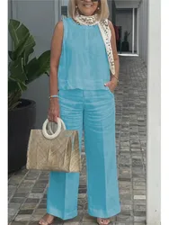 New Summer Women's Cotton And Linen Suits Fashionable And Casual Sleeveless Tops Wide-leg Trousers Two-piece Set Womens Clothing
