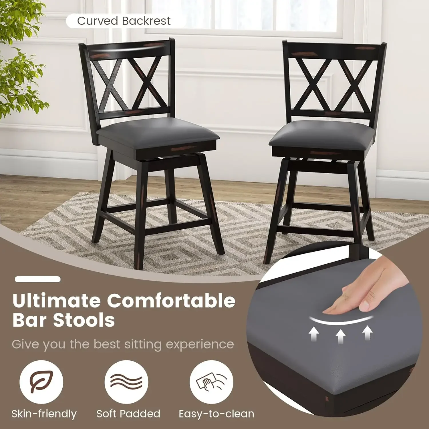 Bar Stool Set of 4 for Kitchen Island25" CounterHeight ChairwithErgonomicBackrestWaterproof PVC Surface & Solid Wood Structure,
