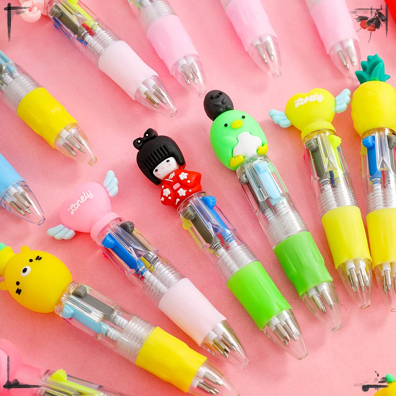 Imagem -04 - Bonito Cartoon Animais Cabeça Caneta Esferográfica Pequeno Quatro Cores Mini Cor Papelaria Estudante Prêmios de Presente Kawaii 24 Pcs