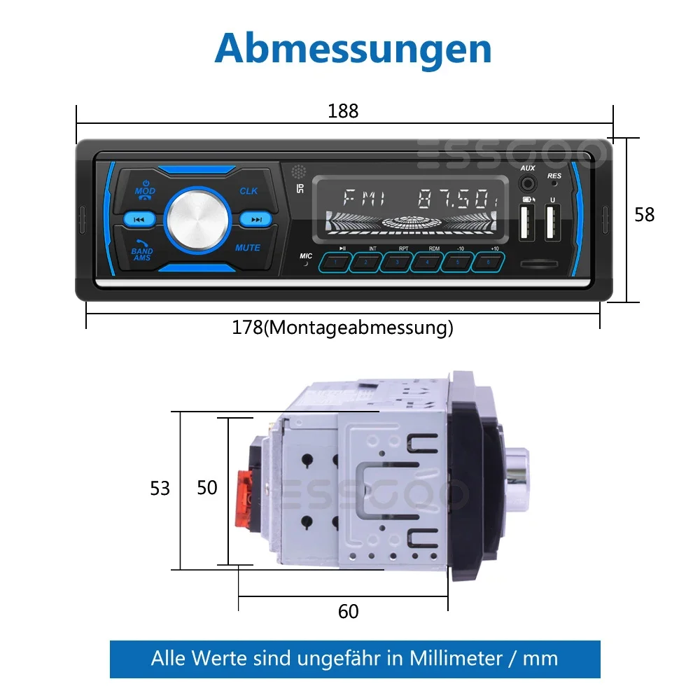 ESSGOO-Car Multimedia Player, Autoradio, 1 Din, MP3, DAB, RDS, AM, FM Stereo Radio, 7 Colors Button, Bluetooth, Central, Audio