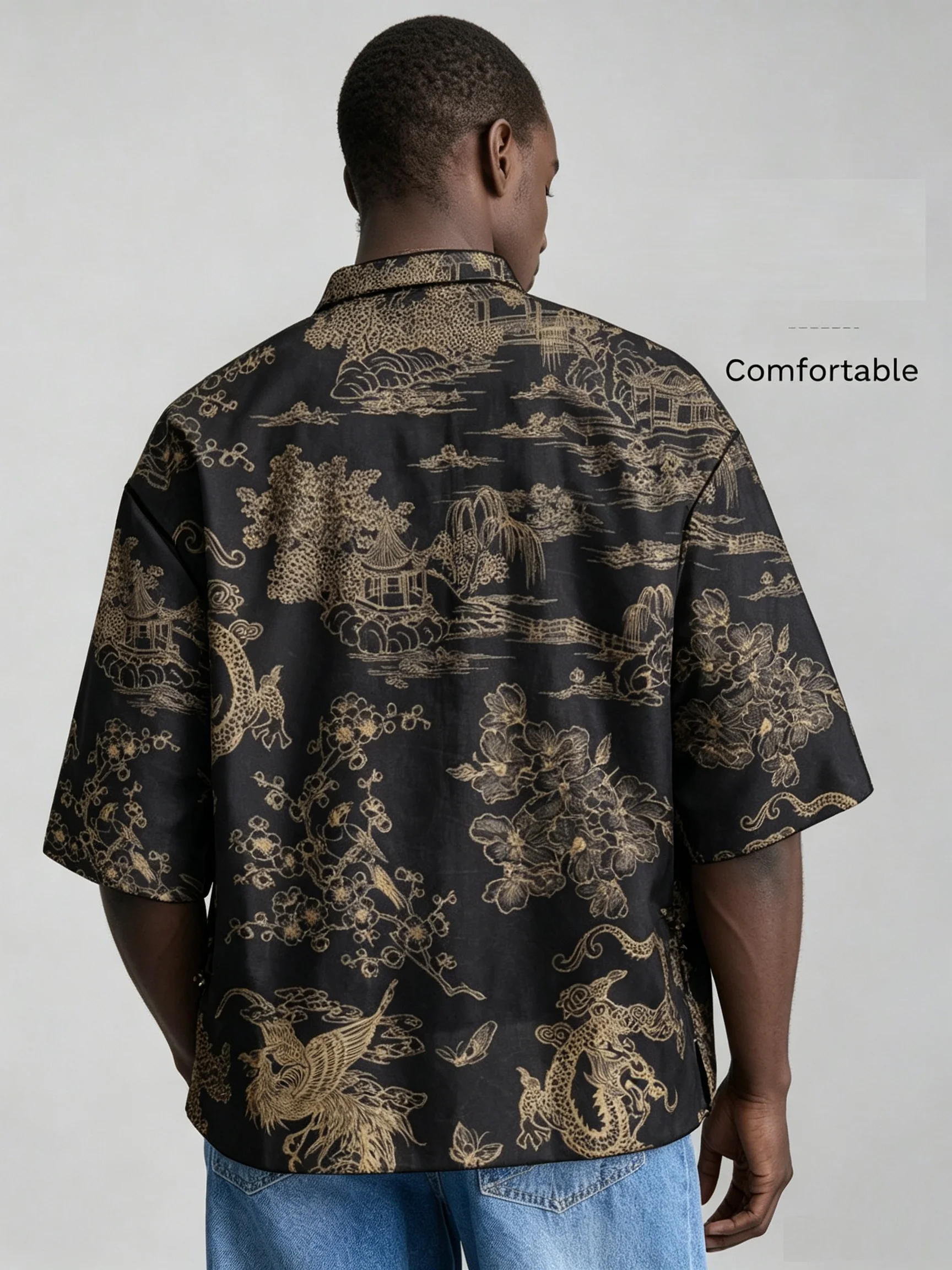 Men Chinese Style Frog Button Stand Collar Shirt Loose Short Sleeve Landscape Dragon Phoenix Print Casual Summer Blouse