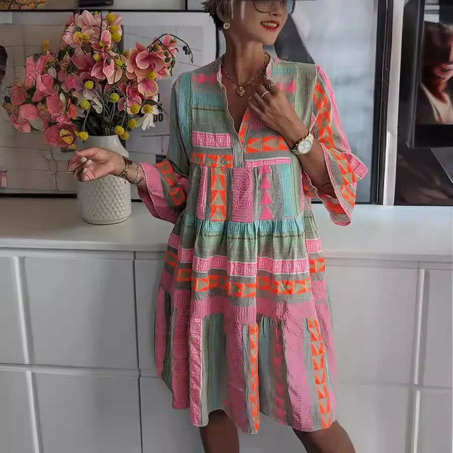 Women's Geometry Print Midi Dresses Spring Autumn V Neck Three Quarter Sleeve Pullover Dress Female Casual Commuting Vestidos