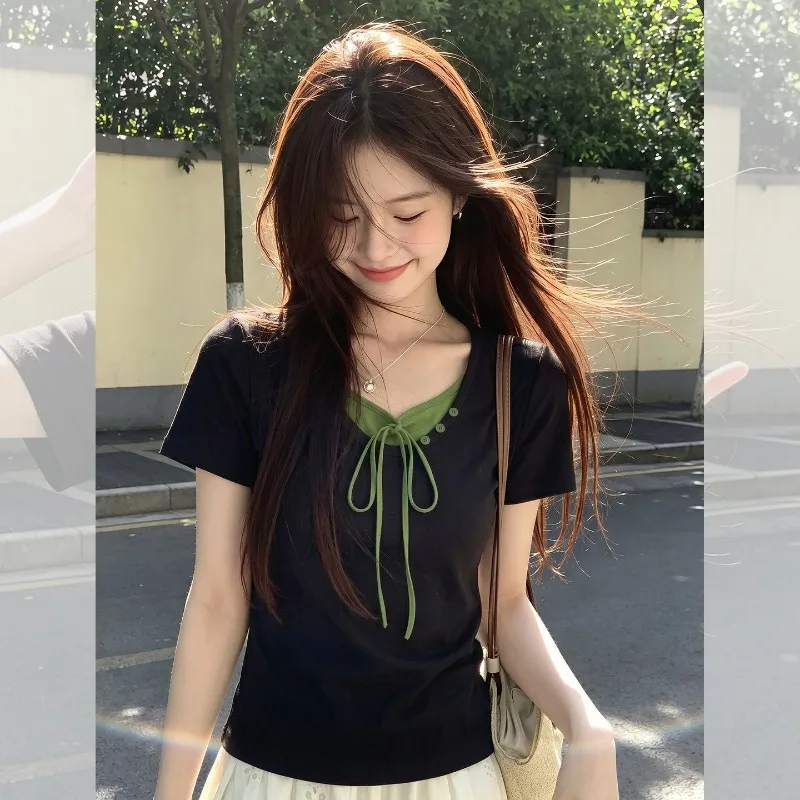 Kimotimo T-shirt Women 2026 Summer Sweet Bandage V Neck Patchwork Slim Fit Short Sleeve Tees Simple Y2k Aesthetic Chic Crop Top