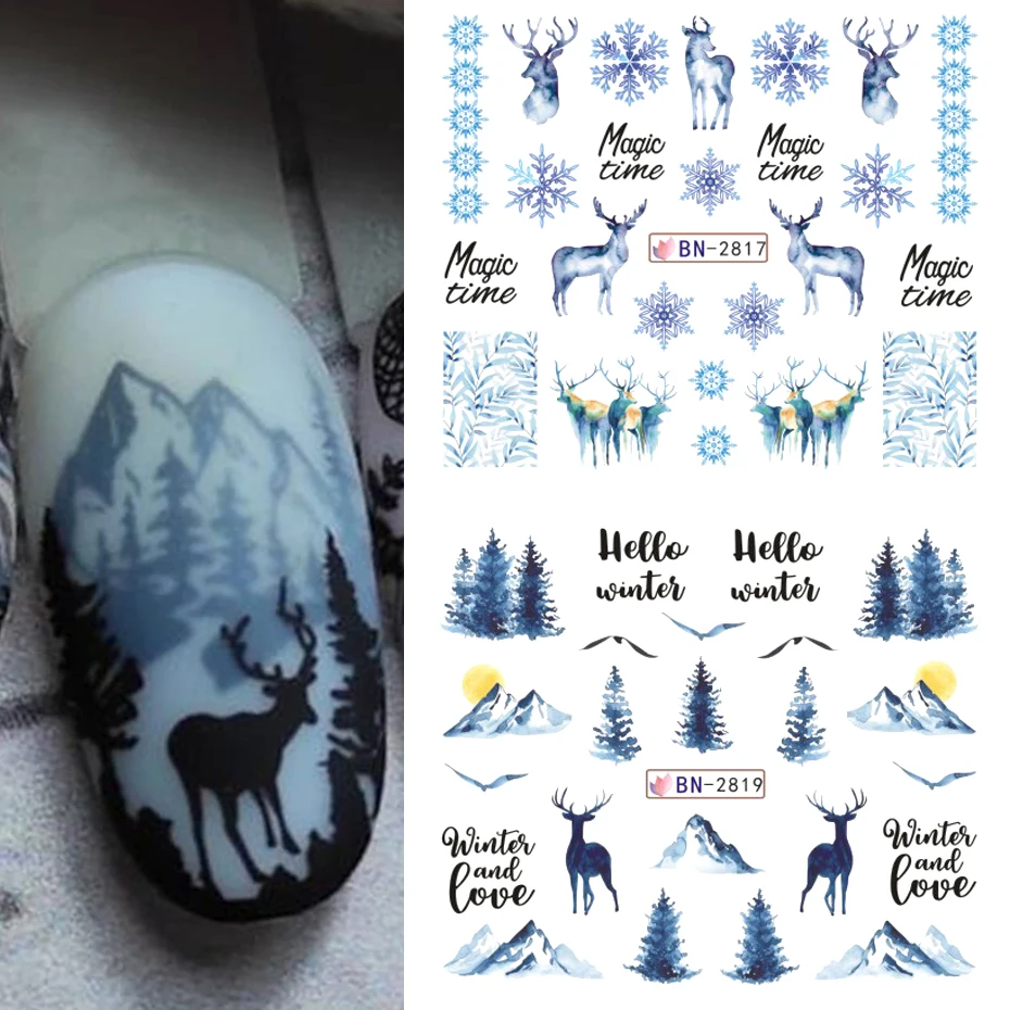 12Designs Christmas Nail Water Stickers Winter Landscape Snowy Tree Deer Watermark Transfer Decal For Nails Decoration Manicure