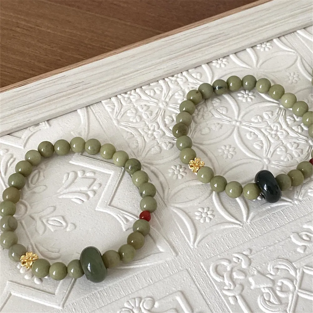 Natural Green Aocado Color Alashan Agate Bead Bracelet Women's Hetian Jade Running Ring Vintage Jewelry Small Flower Accessories