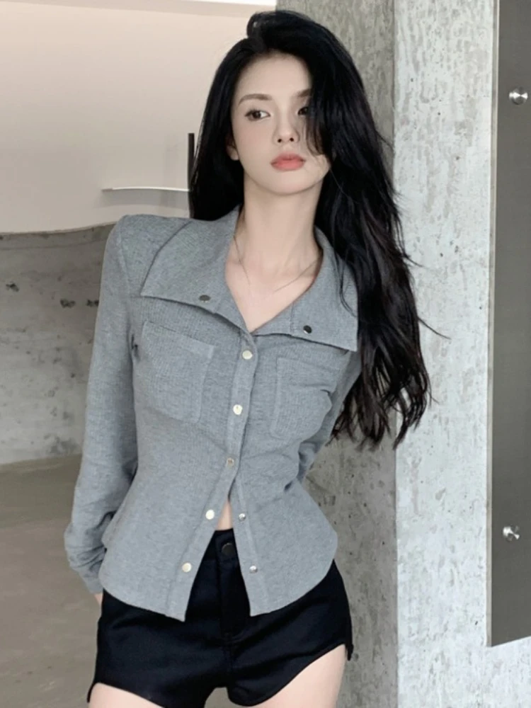 Autumn Korean Chic Long Sleeve Pockets Shirts Slim All Match Y2k Aesthetic Women Blouse Fashion Elegant Trendy Blusas De Mujer