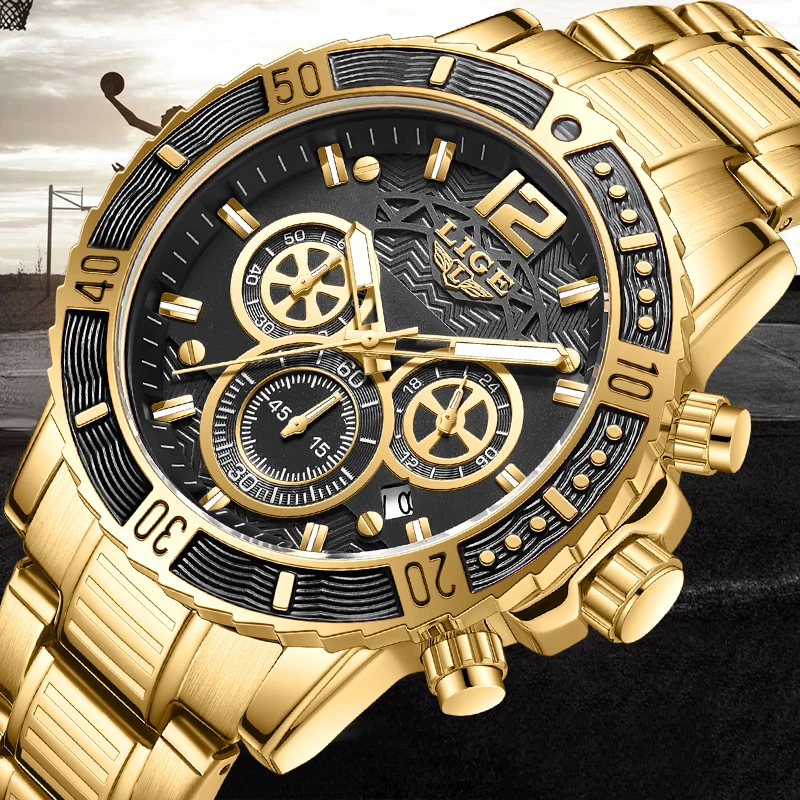 LIGE 2023 New Fashion Gold Watch For Men Casual Business Mens Watches Top Brand Luxury Chronograph Quartz Military Wristwatch