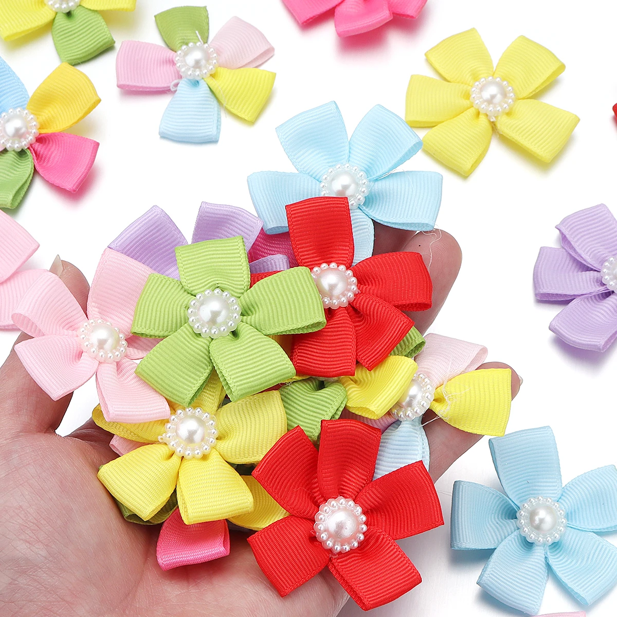 

20pcs Ribbed Five-petal Flower Colorful Flower with bead Embossing DIY Sewing Craft Children's Hair Cloth Sticker Festival Decor