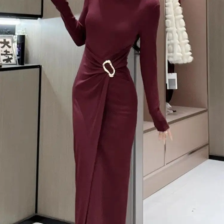 

Сексуальное шикарное платье с высоким воротником и длинными рукавами, женское облегающее платье трапециевидной формы с контролем живота, осеннее новое стильное облегающее платье