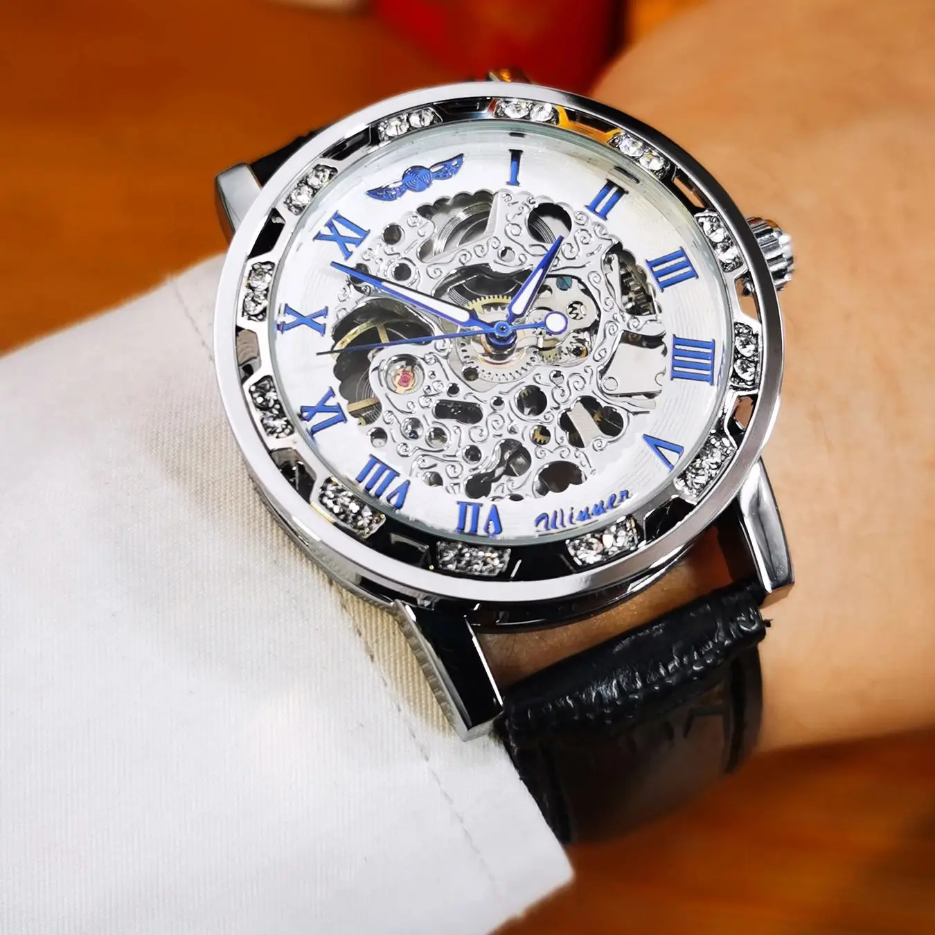 ساعة WINNER الفاخرة للرجال هيكل عظمي ذهبي ساعات آلية بحزام جلدي كاجوال للرجال ساعات معصم هدايا