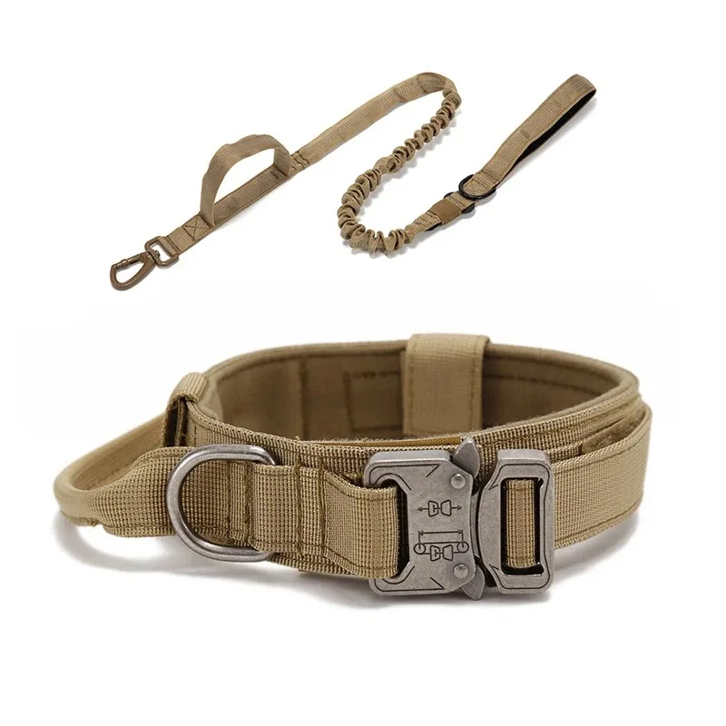 

Tactical Military Dog Collar Leash Set Khaki Adjustable Nylon Heavy Duty for Medium Large Dogs Training Walking
