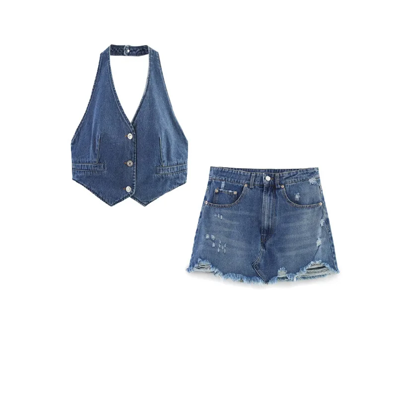 Klassisches 2-teiliges Denim-Rock-Set für Damen. Wunderschönes Denim-Neckholder-Oberteil mit offenem Rücken, passender, zerrissener Denim-Minirock mit Taschen